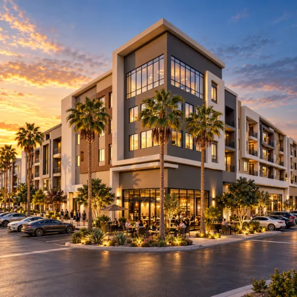 Exterior of Otonomus Hotel Las Vegas with palm trees and modern architecture at sunset.