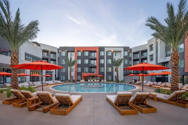 The pool deck at the Otomus Hotel in Las Vegas
