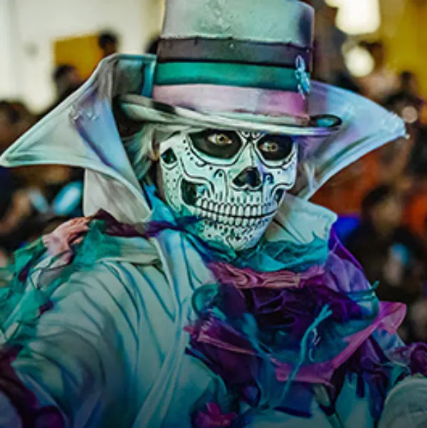 A costumed skeleton character at the Parade of Mischief in Downtown Summerlin