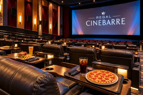 Illustration of Regal Cinebarre dine-in movie seating with reclining chairs, pizza, burgers, and refreshments.