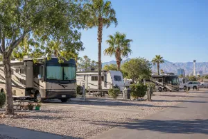 Motorhomes and travel trailers at a Las Vegas RV park with full-hookup sites, palm trees, and desert mountain views