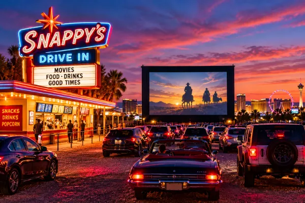AI illustration of a Snappy's drive-in movie experience with parked cars, a large outdoor screen, and a retro hamburger stand.
