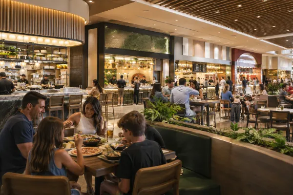 The Neighborhood Food Hall at The Resort at Summerlin with multiple food counters and communal dining