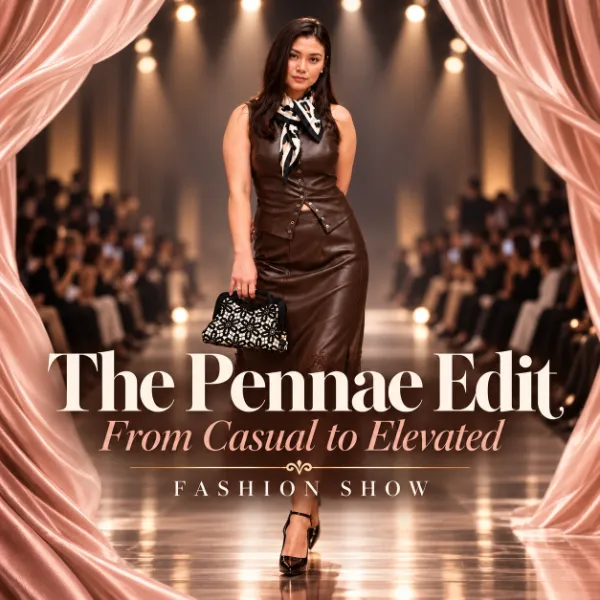 The Pennae Edit fashion show in Las Vegas with a model walking the runway in an elevated boutique look.
