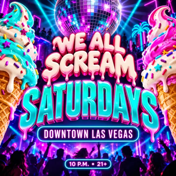 We All Scream Saturdays artwork featuring neon lettering, ice cream cones, a disco ball, and dancing silhouettes.