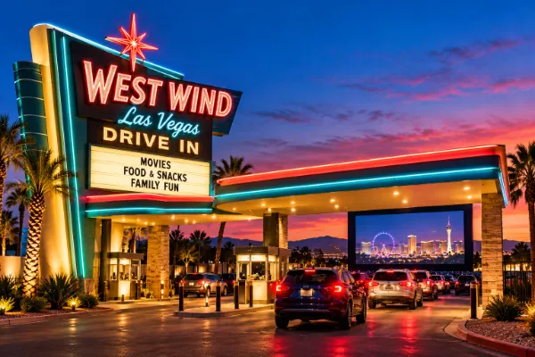 Stylized AI illustration of West Wind Las Vegas Drive-In featuring a neon entrance, parked cars, and an outdoor movie screen at sunset.